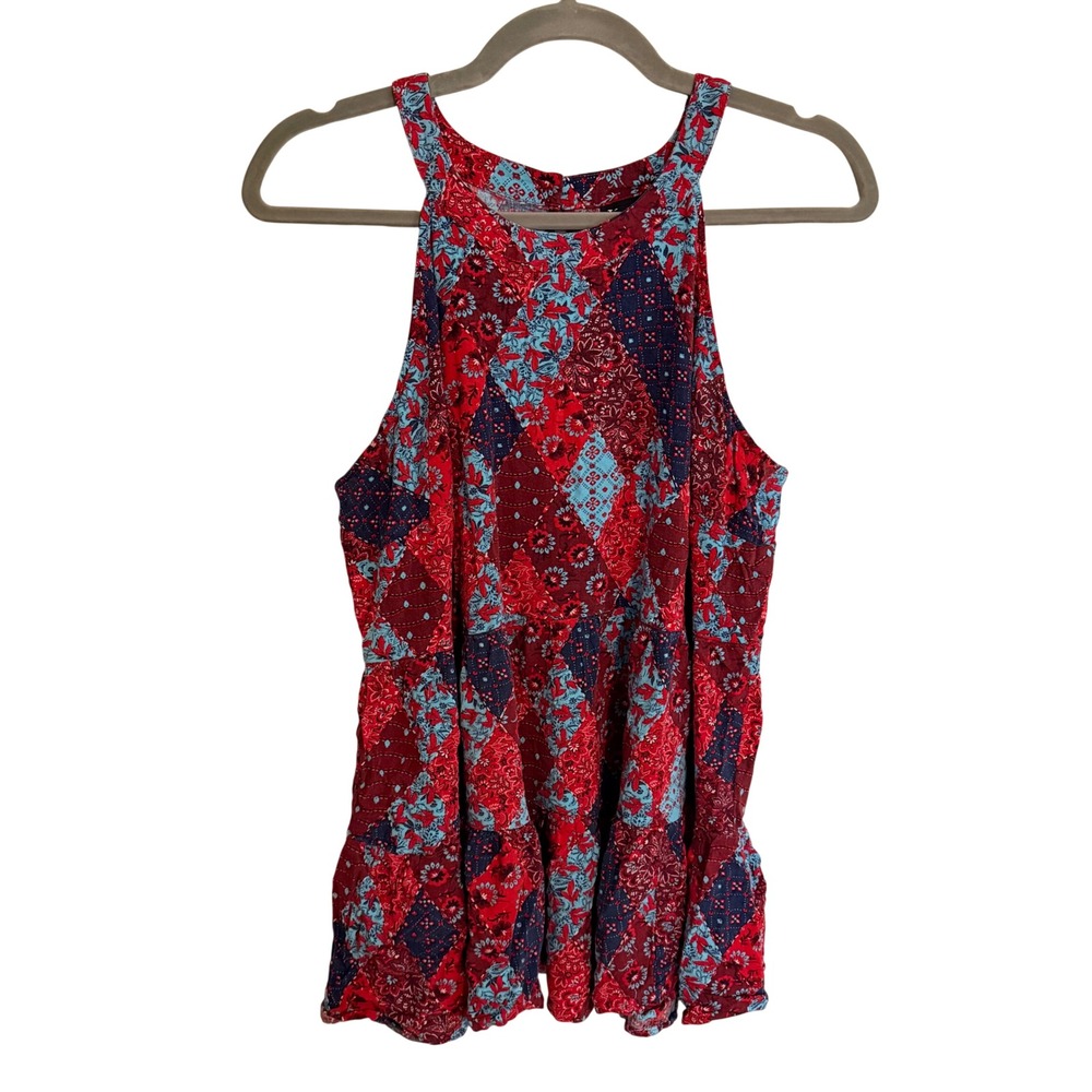 Torrid Red Blue Patchwork Floral Halter Tiered Babydoll Top Size 1X Western